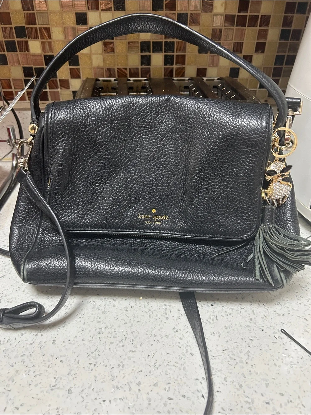 kate spade Black Pebbled Leather Shoulder Bag with Gold Charm